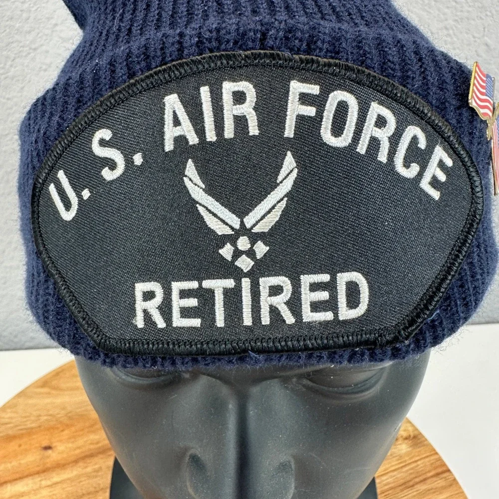 Decky US Air Force Retired Beanie Navy‎ Blue Knit Hat Military Veteran Pin USA